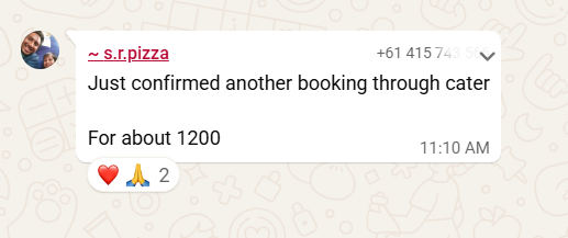 S.R. Pizza WhatsApp message confirming another booking through the platform for about 1200 people